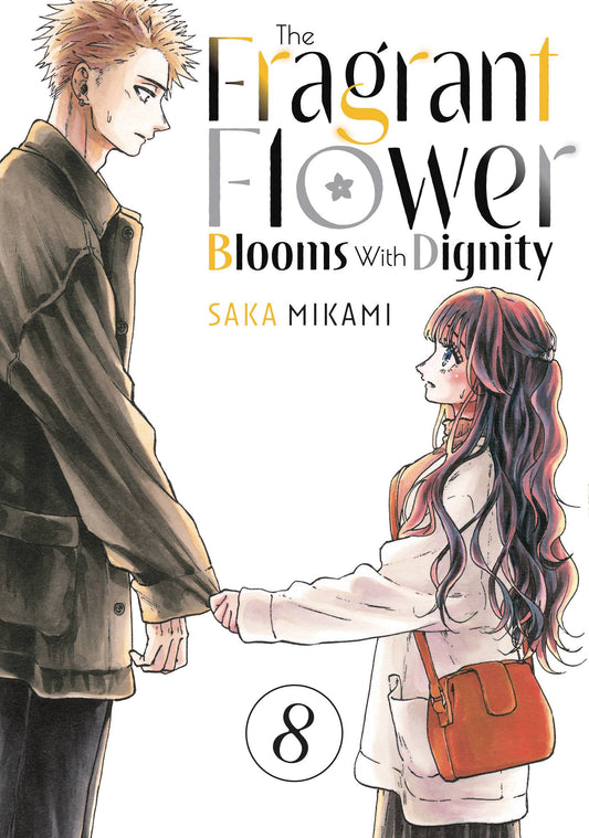 Manga book cover with two characters holding hands, titled 'The Fragrant Flower Blooms with Dignity' by Saka Mikami.