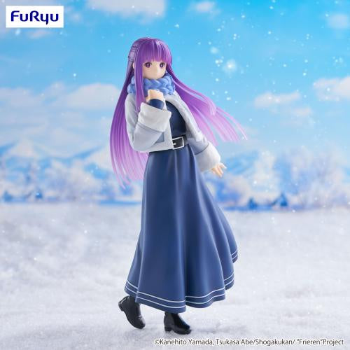 Anime figurine with purple hair and a blue outfit against a snowy landscape background, featuring the Furyu brand.