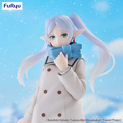 Anime character figurine with long white hair and blue scarf against a light blue background with snowflakes.