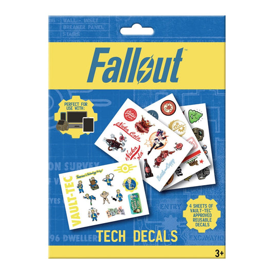 Packaged Fallout Tech Decals with colorful graphics on a blue and yellow background