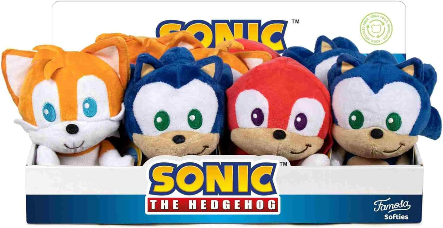 Four Sonic the Hedgehog plush toys in a box with the Sonic logo.