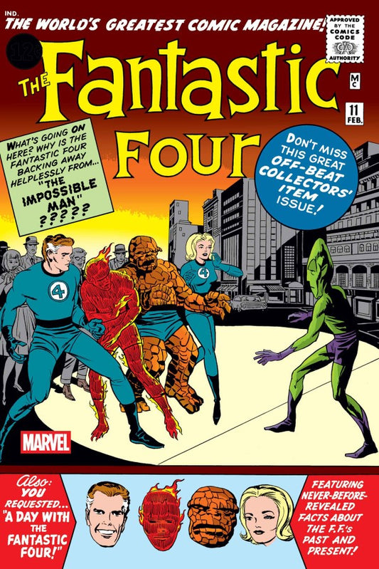 Comic book cover of 'The Fantastic Four' featuring four superhero characters and promotional text.