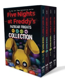 Collection of 'Five Nights at Freddy's' books with a yellow creature figure on a white background