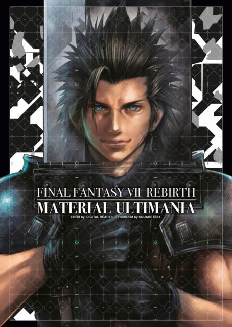 Front cover of the book 'Final Fantasy VII Rebirth Material Ultimania', featuring a stylized illustration of Cloud Strife with his signature spiky hair and blue eyes, wearing dark armor against a dark gray and black patterned background.