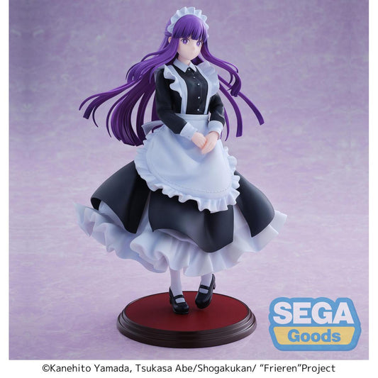 Figurine of a character in a maid outfit with purple hair on a purple background, featuring the Sega Goods logo.