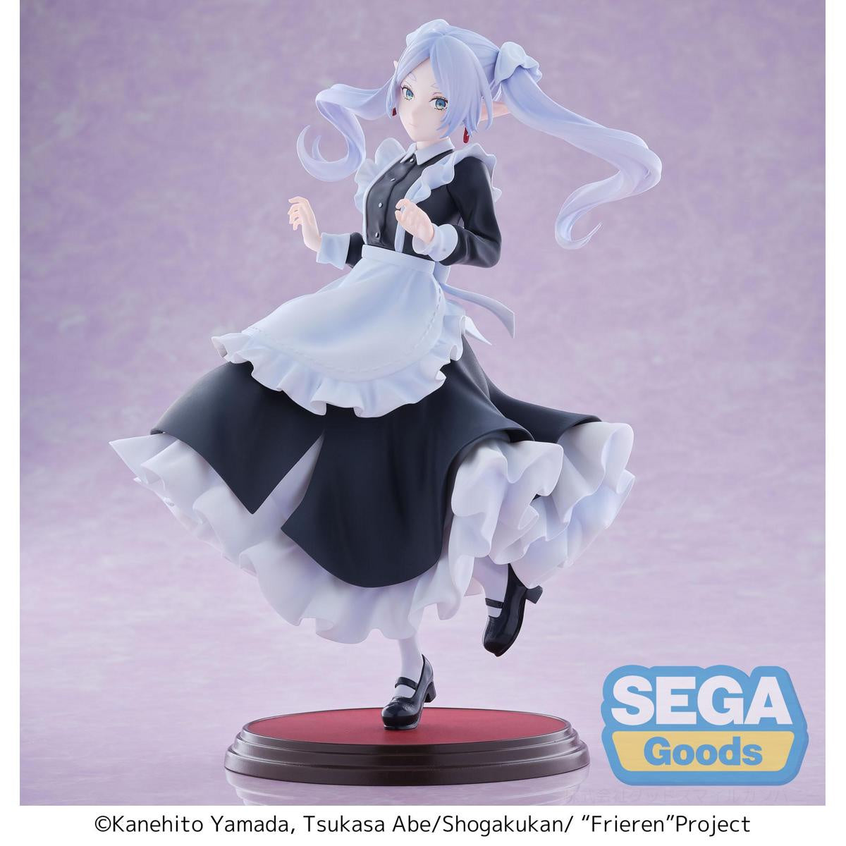 Figurine of an animated character in a maid outfit with Sega Goods branding on a purple background