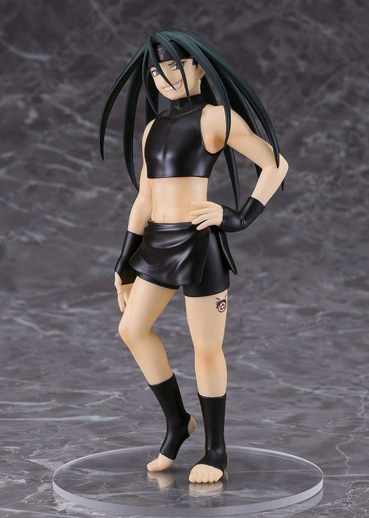 Figure of a character in black outfit on a gray background