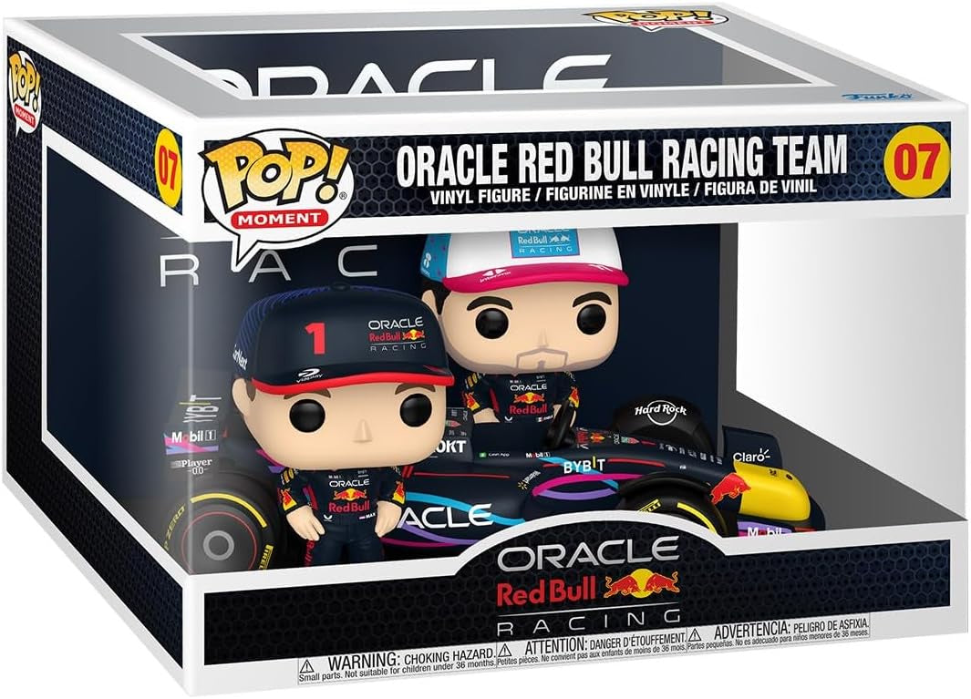 Pop! Vinyl figure packaging featuring Oracle Red Bull Racing Team characters.