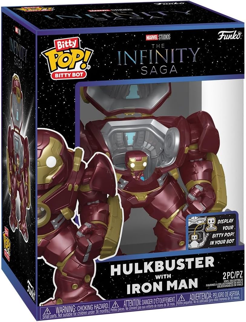 Funko Pop! Bitty Boy packaging featuring Hulkbuster and Iron Man figures with Marvel Studios branding.