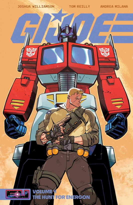 Comic book cover featuring a robot and a person with 'G.I. Joe' branding on an orange background.