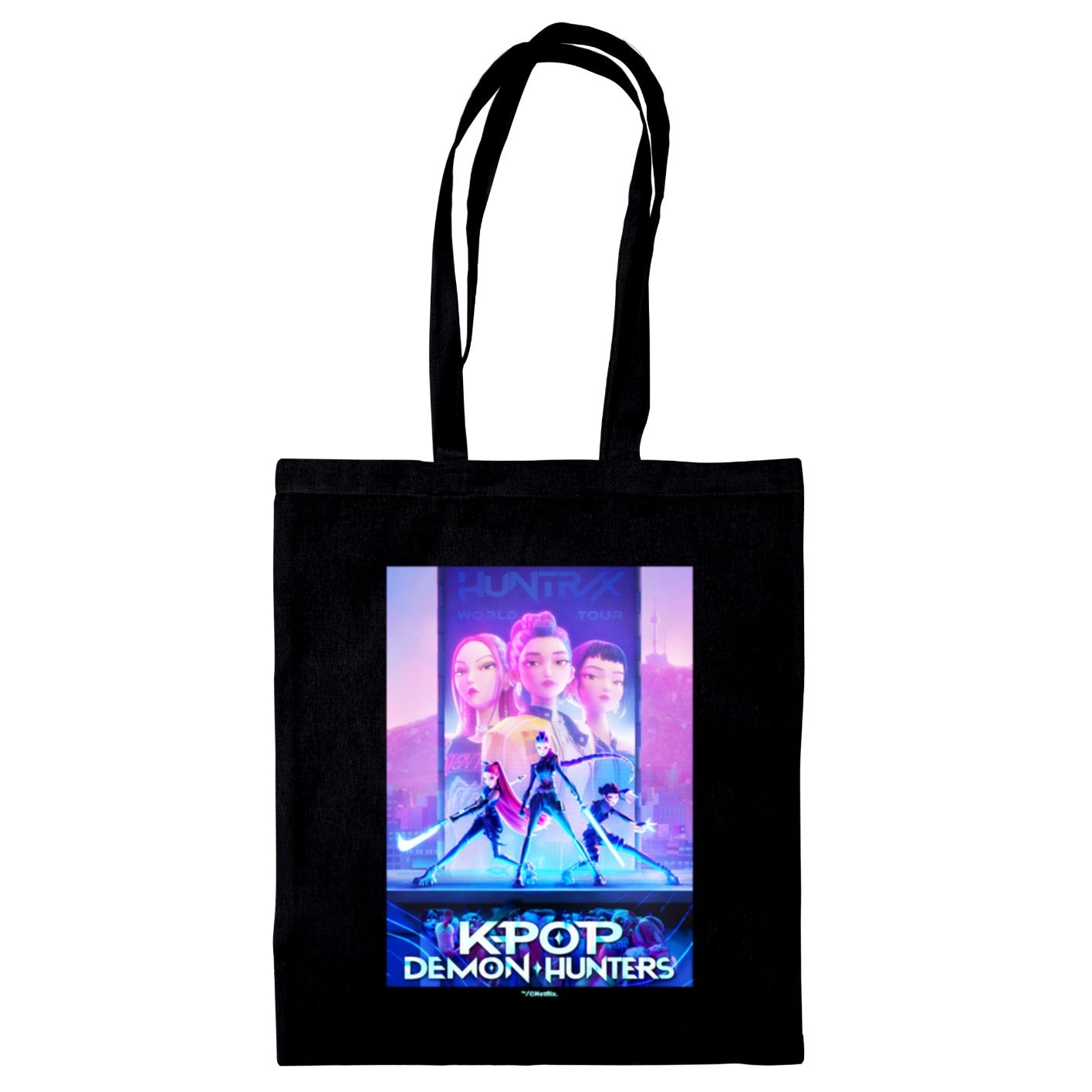 Black tote bag with a colorful K-Pop design featuring four characters and text on a white background.