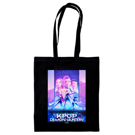 Black tote bag with a colorful K-Pop design featuring four characters and text on a white background.