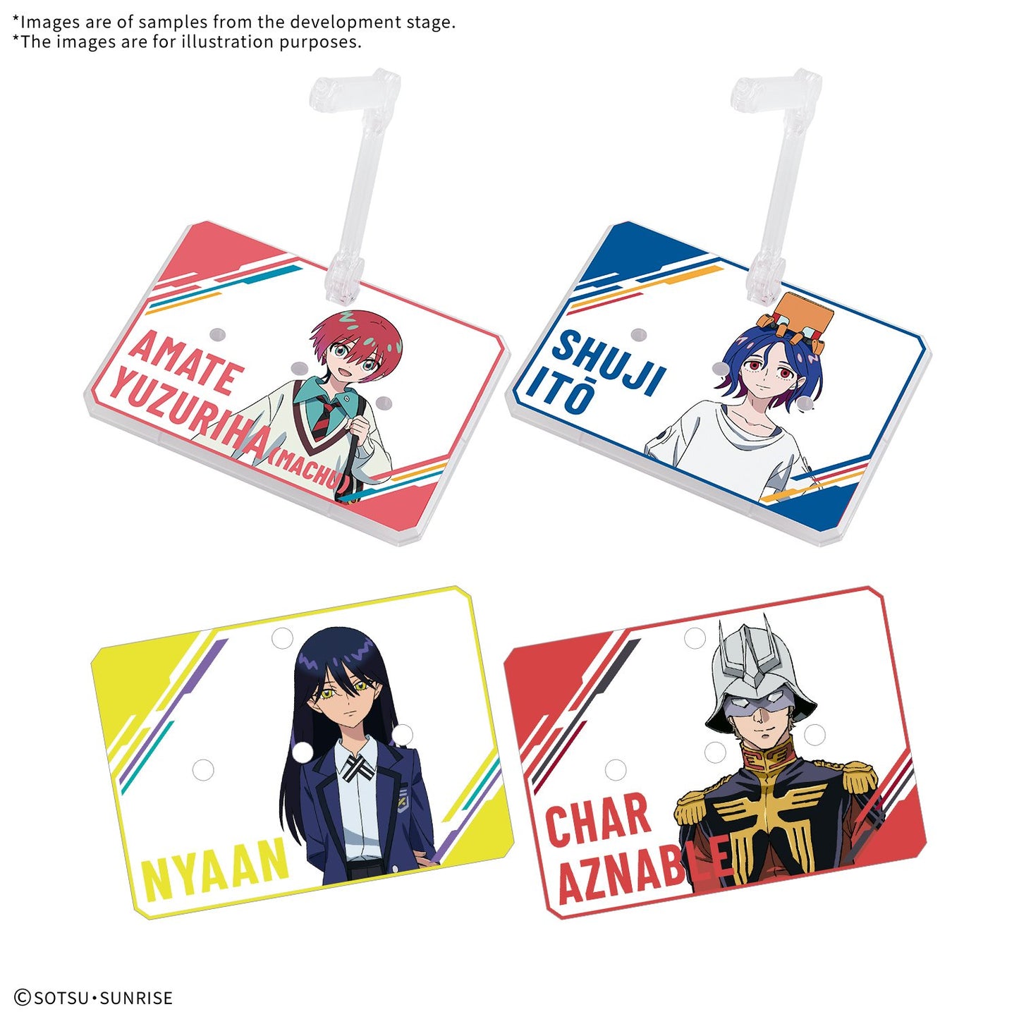 Four character tags with colorful designs and character illustrations on a white background.
