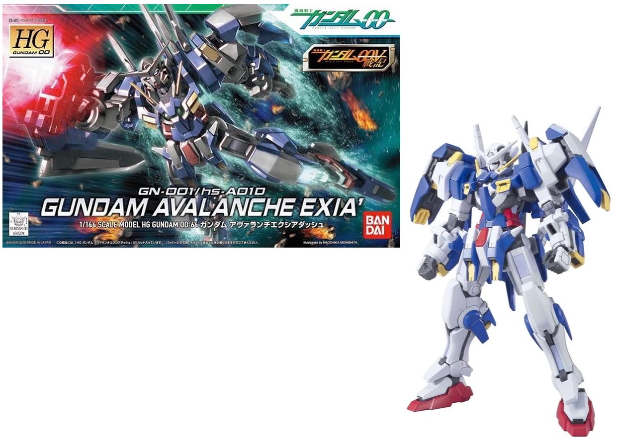Box art and a plastic model kit of the GUNDAM - HG 1/144 Gundam Avalanche Exia Dash. The model is predominantly white with blue and silver accents, displayed in a dynamic pose against a space backdrop.