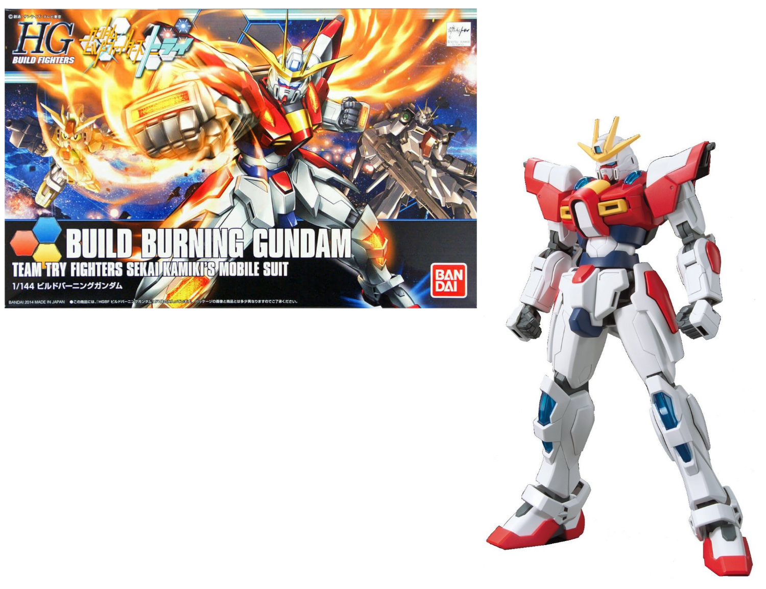 Model kit packaging and finished model of Build Burning Gundam by Bandai on a white background