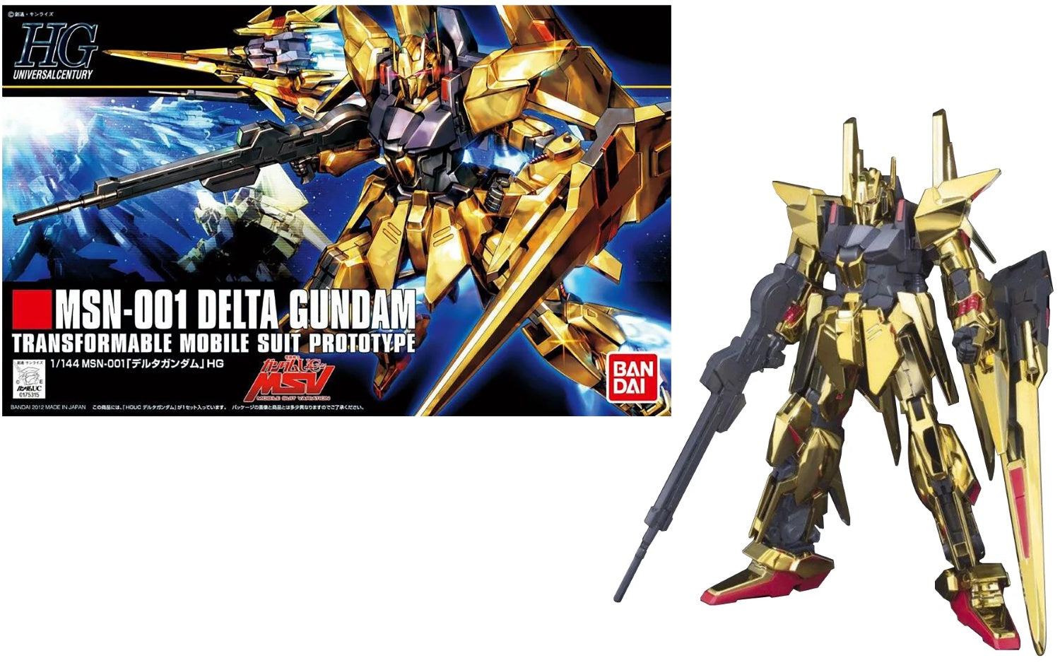 Box art for GUNDAM HGUC 1/144 Delta Gundam model kit featuring the assembled and painted model, showcasing its gold and black colors andTransformable mobile suit design.