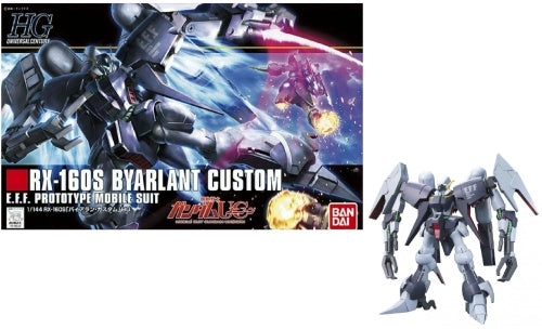 Product image for GUNDAM - HGUC Byarlant Custom 1/144 model kit, showing the assembled and painted model, along with the packaging artwork.