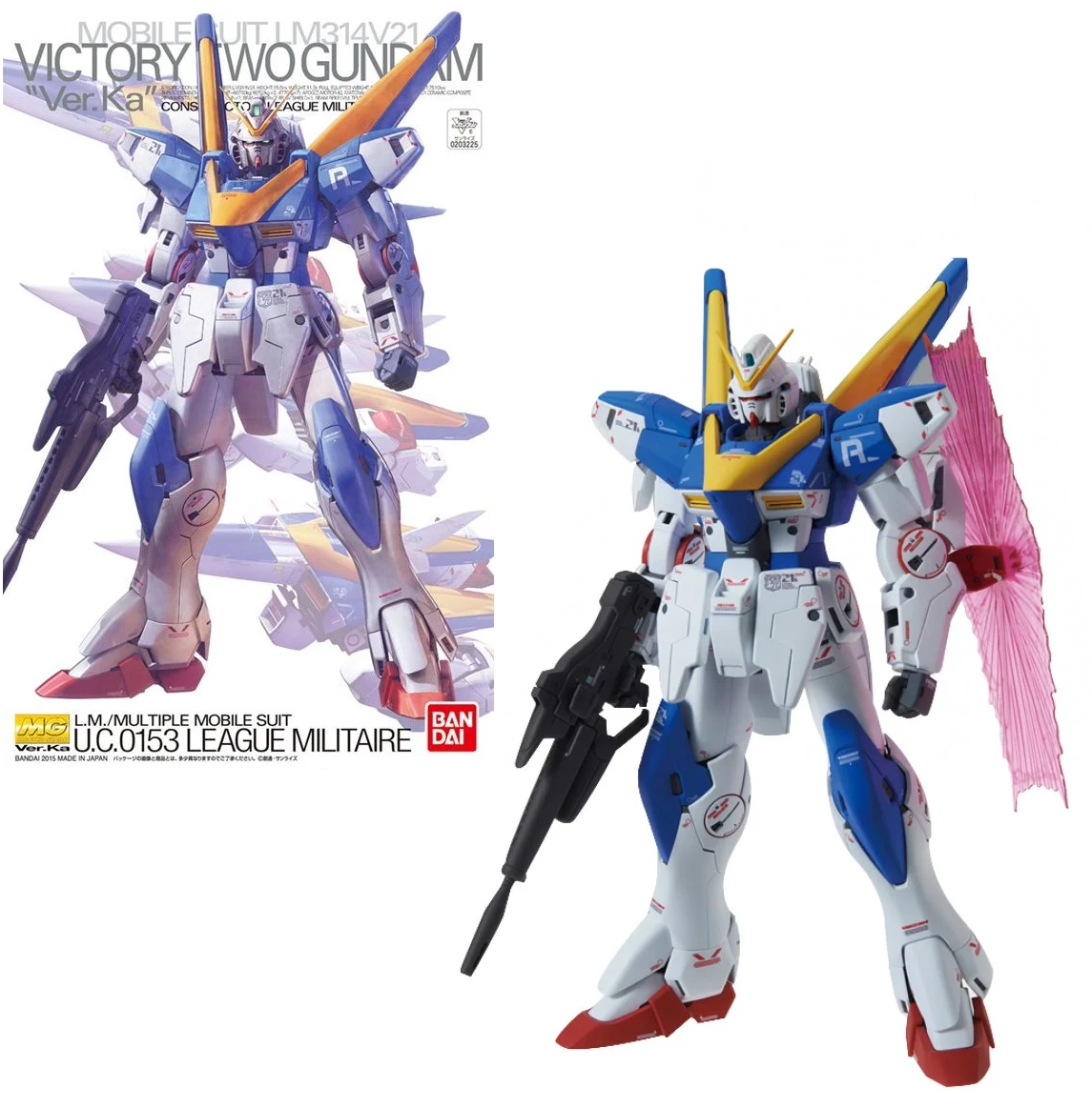 Gundam model kit, specifically the MG 1/100 Victory Two Gundam Ver. Ka, showcasing the assembled and painted model in its packaging.