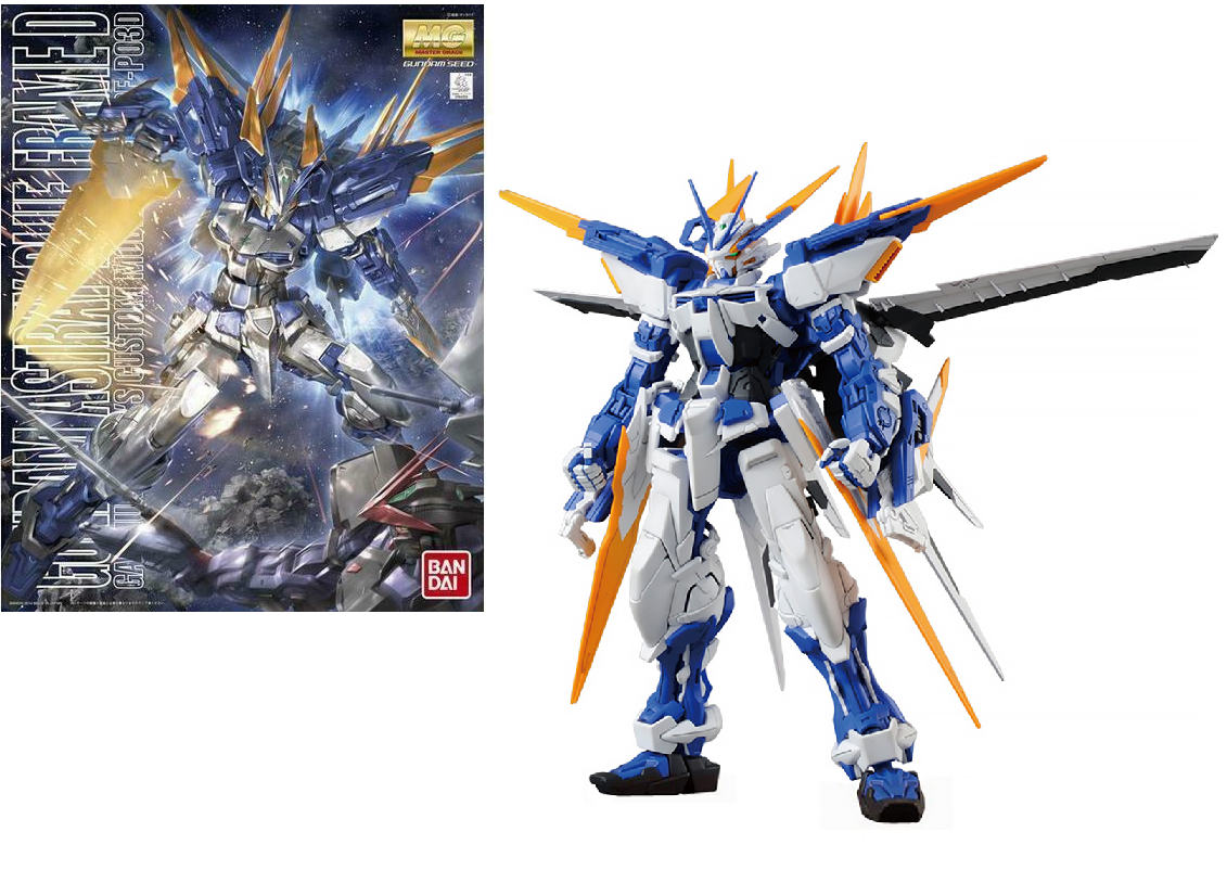 Model kit of a robot with blue and orange details next to its packaging