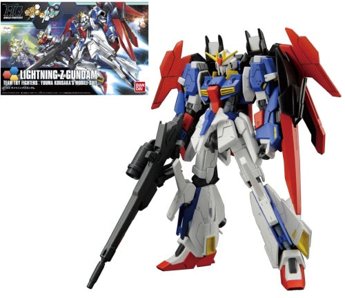 Gundam model kit, Lightning Z Gundam, in 1/144 scale, showing the assembled and painted model with a colorful design, including red, blue, and silver colors, and various guns and accessories.