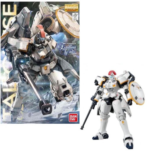 Gundam Tallgeese model kit packaging and the assembled model displayed. The packaging shows the completed model in action pose, and the kit itself is shown beside it.