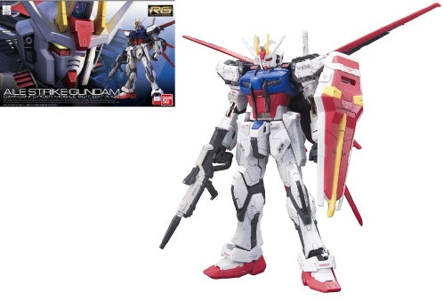 Boxed image of GUNDAM Aile Strike Gundam model kit with its components displayed, predominantly white with red and blue accents, and multicolored parts.