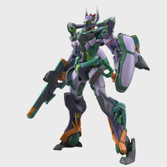 Mechanical robot model with green, purple, and gray color scheme on a white background