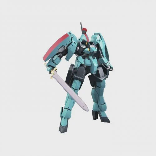 A light blue and black mecha robot figure holding a large silver sword and a red shield, shown against a plain light gray background.
