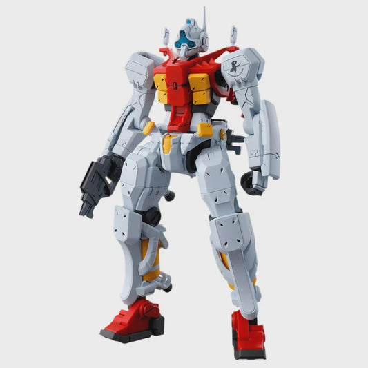 Mechanical robot model with red, gray, and yellow colors on a white background