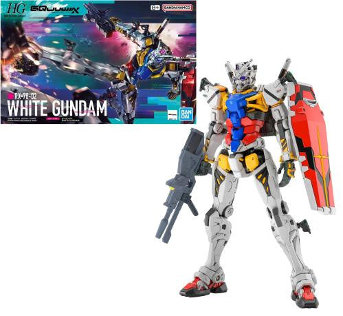 White Gundam model kit with packaging featuring Bandai logo