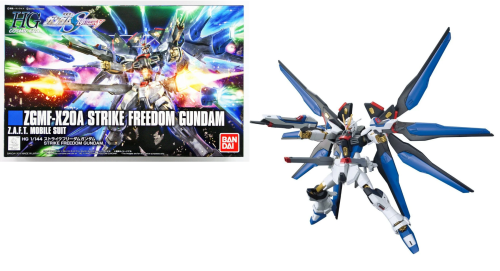 Model kit of Strike Freedom Gundam with colorful box packaging on a white background