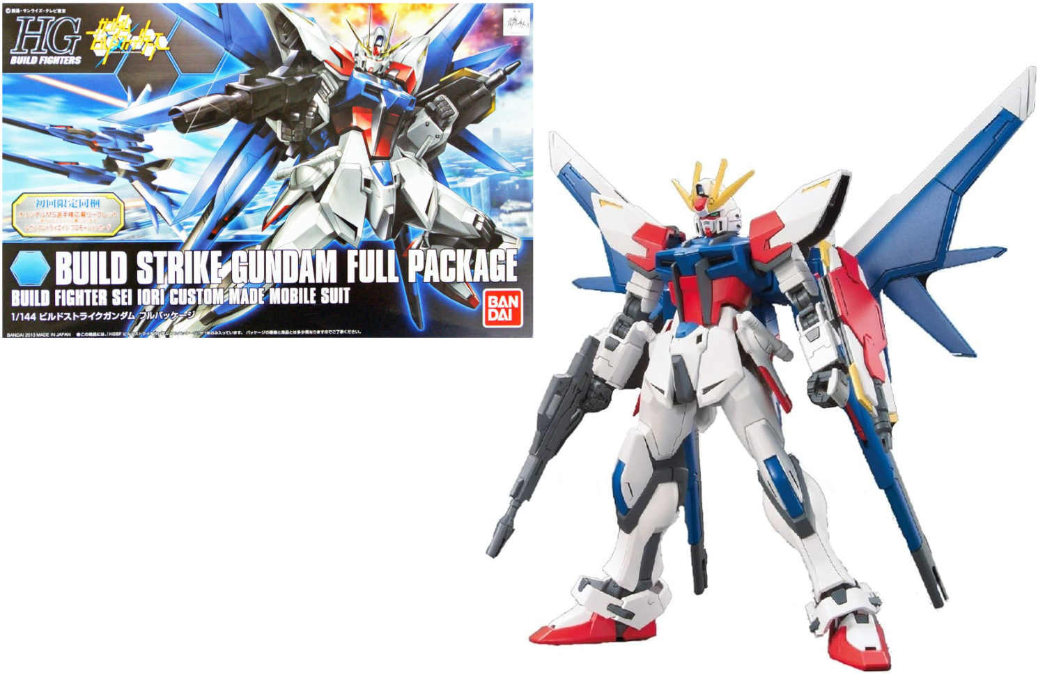Model kit of a robot with packaging labeled 'Build Strike Gundam Full Package' on a white background.