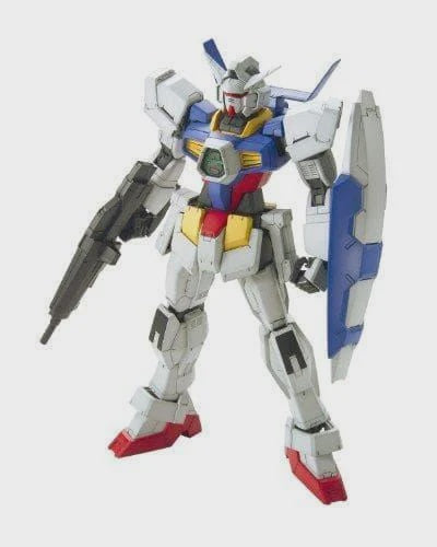 Model kit of a robot with red, blue, and white colors on a white background