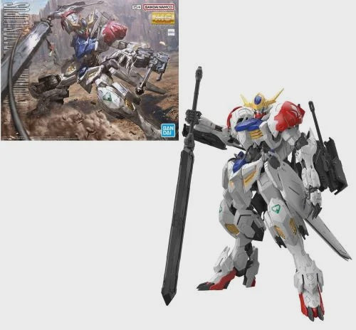 Mechanical robot figure with a sword, featuring Bandai branding, on a white background.