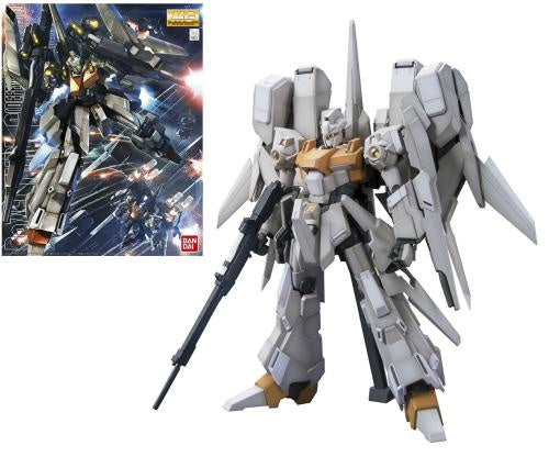 A gray and gold mecha action figure holding a black rifle, shown alongside its retail box on a white background. The box features dynamic sci-fi artwork and a Bandai logo.