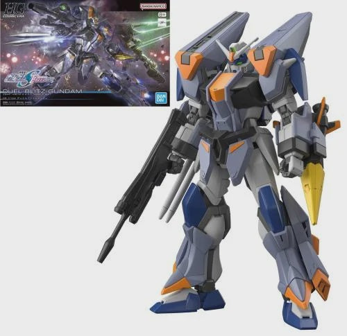 A plastic model kit of the Duel Blitz Gundam from the GUNDAM SEED series. The kit is assembled and painted, showing the Gundam with its detailed design and armaments.