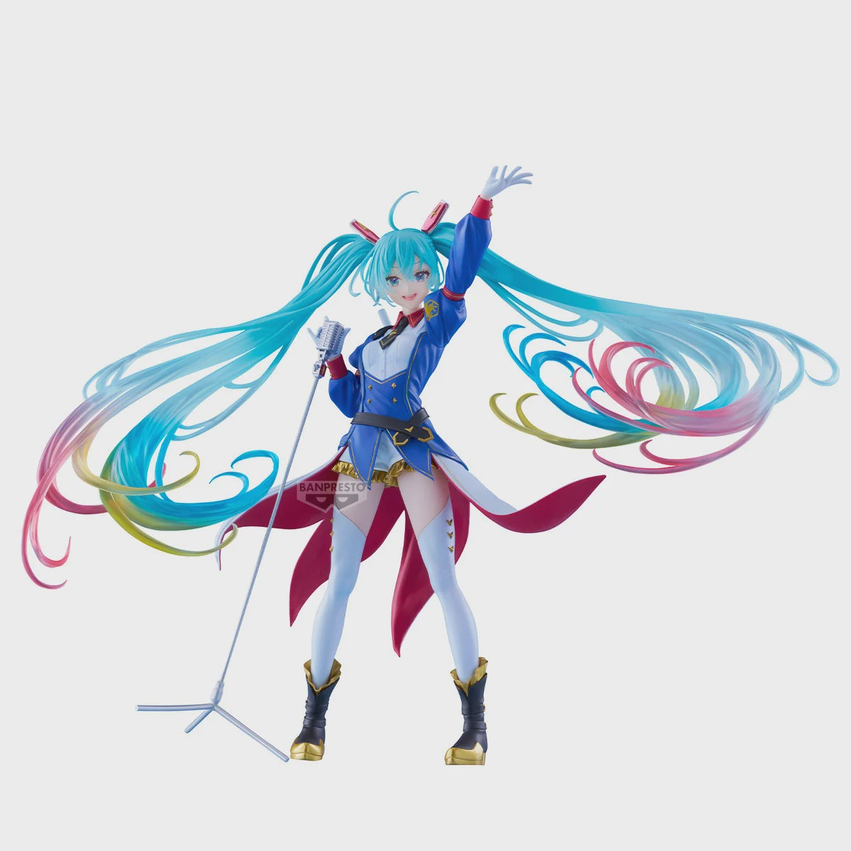 Colorful anime character figurine with long flowing hair on a white background