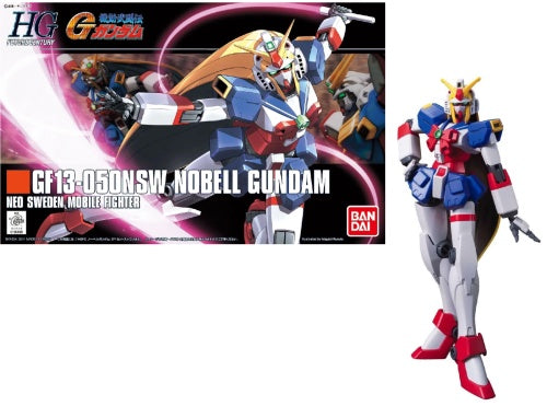 Packaging and model of the 1/144 HGUC Nobell Gundam. The packaging features the name and logo, and the model depicts a colorful mecha suit.