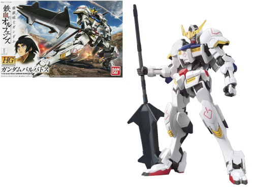 The image shows a model kit of the GUNDAM HG Barbatos 1/144 along with its packaging. The model is depicted in white and other colors with a black beam weapon, and the box features the GUNDAM logo and an illustration of the character in action.