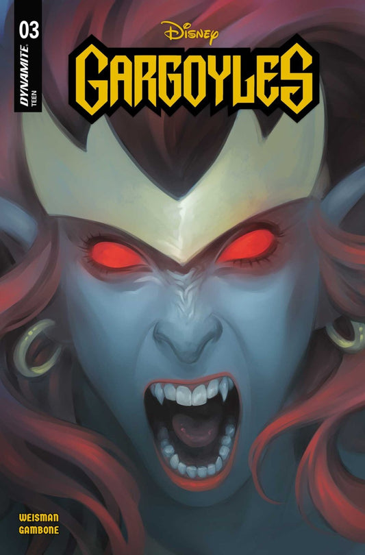 Comic book cover for Disney Gargoyles issue 03, featuring a close-up illustration of a gargoyle face with glowing red eyes, an open screaming mouth, and bold yellow title text at the top.