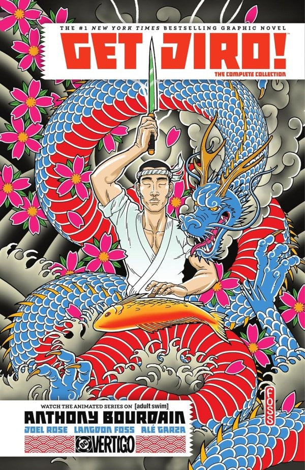 Comic book cover of 'Get Jiro!' with a stylized illustration of a character holding a sword, surrounded by dragons and flowers.
