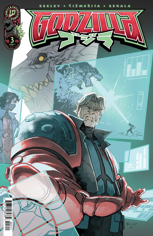 Godzilla #3 Comic book cover featuring a character in a futuristic suit with 'Godzilla' branding.