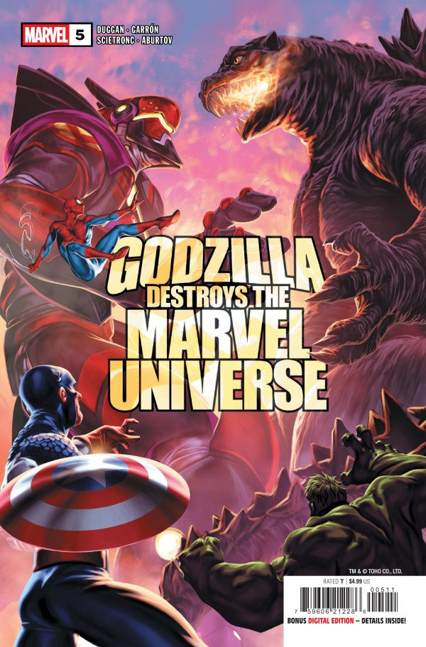 Comic book cover featuring Godzilla and superheroes with a fiery background