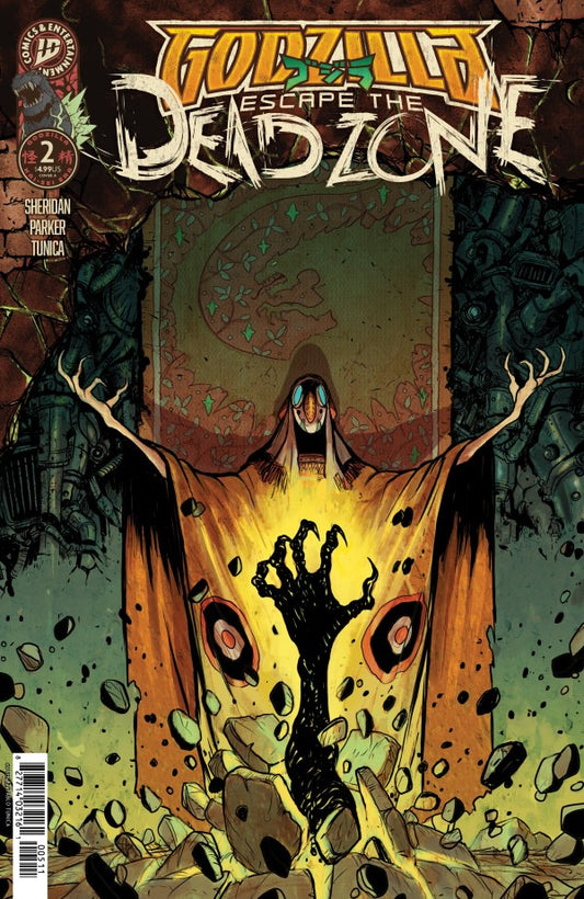 Comic book cover featuring a creature with glowing eyes and text 'Godzilla Escape the Dead Zone'.