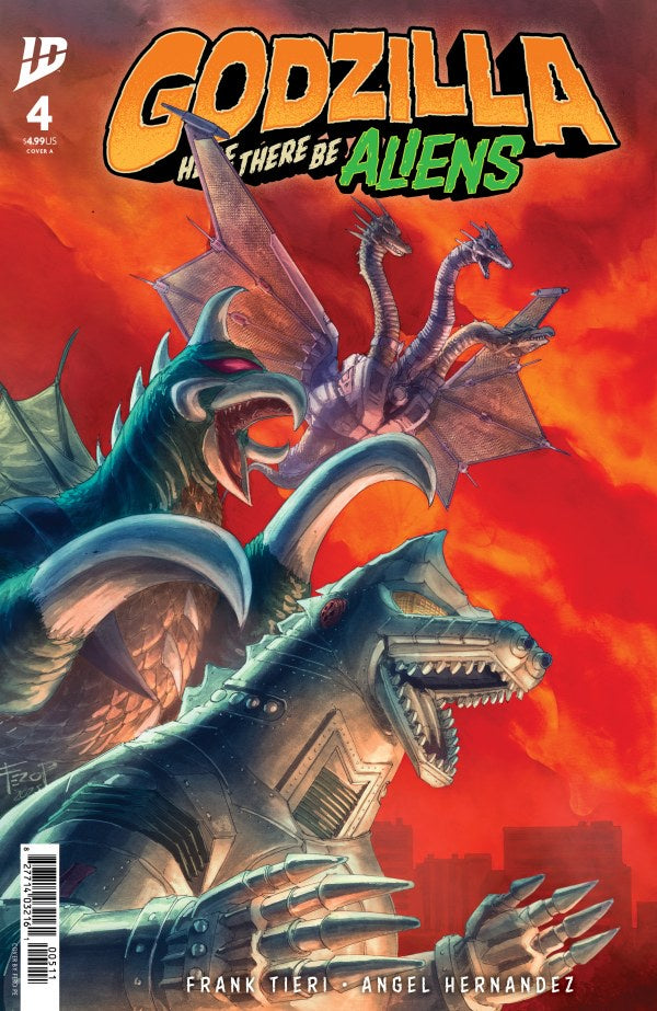 Comic book cover featuring Godzilla and Aliens with fiery background