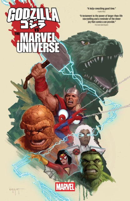 Godzilla Vs. The Marvel Universe Comic book cover featuring Godzilla and characters from the Marvel Universe with a beige background.