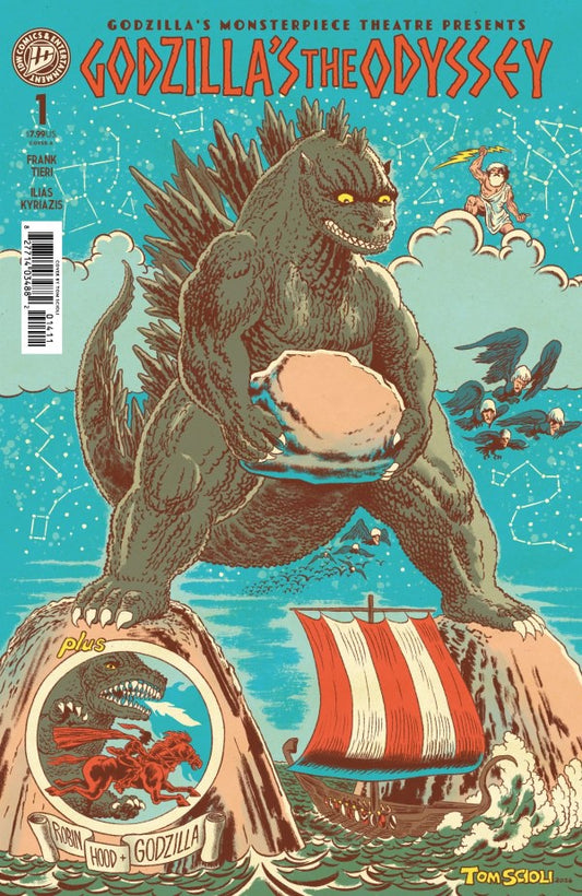 Comic book cover featuring Godzilla on a rock with a ship and birds in the background