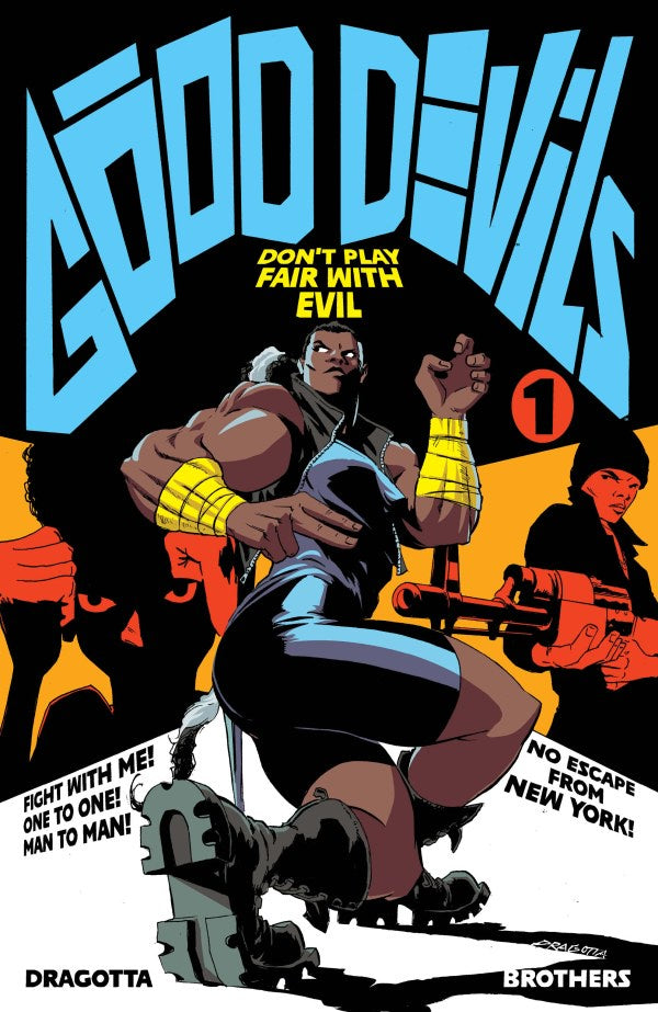 Comic book cover with a character holding a gun and text 'Good Devils' on a colorful background.