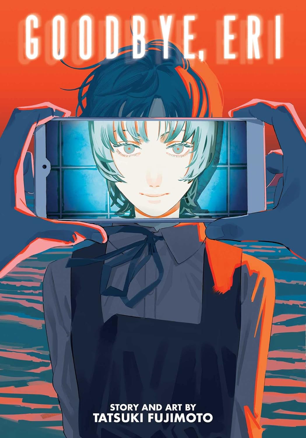 Cover of the manga 'Goodbye, Eri' featuring a character with a chainsaw on their head, set against a blue and red backdrop.