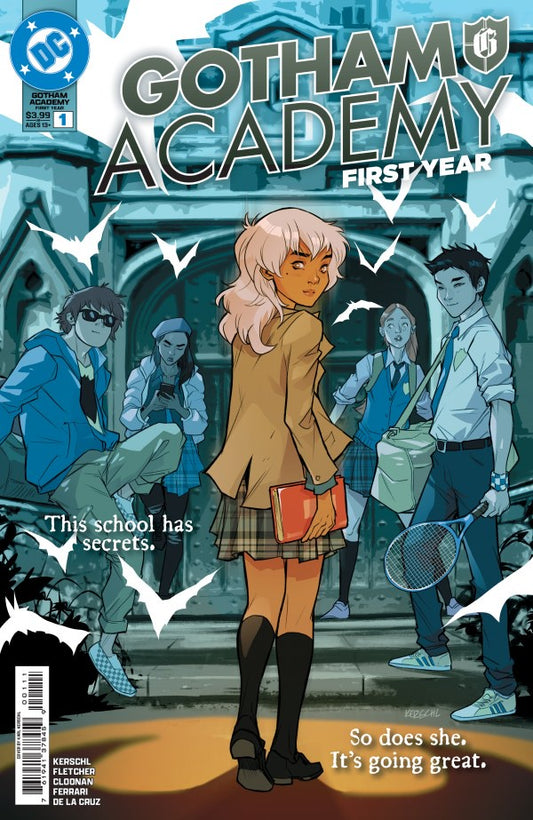 Comic book cover of 'Gotham Academy First Year' with characters and text.